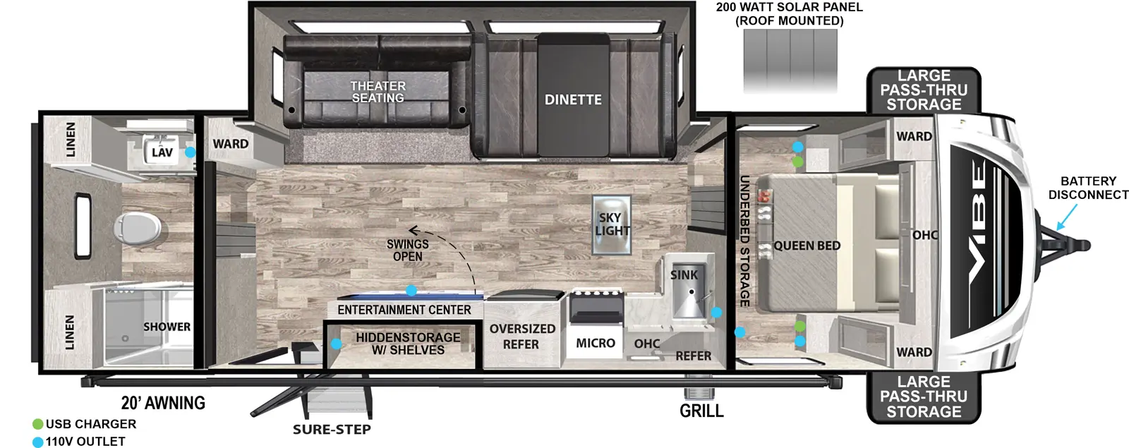 The Vibe West 26RB floorplan has one entry and one slide out. Exterior features include: fiberglass exterior, 20' awning and outside kitchen. Interiors features include: front bedroom and rear bathroom.